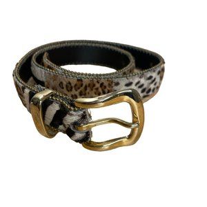 Leather Calfhair Patchwork Animal Print Belt Studs Women M Brown